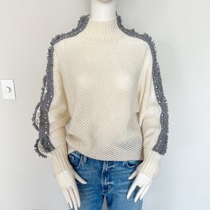 NEW Liu Jo Wool Alpaca Blend Fishnet Funky Sweater Off White Grey Fringe M